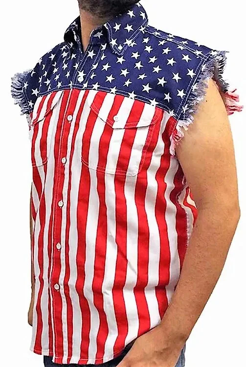 USA FLAG - SLEEVELESS DENIM SHIRTS with Embroidery - 20% Off + Free Shipping
