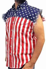USA FLAG - SLEEVELESS DENIM SHIRTS with Embroidery - Free Shipping
