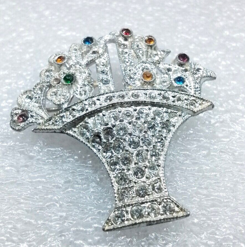 Art Deco Multi Colored Rhinestone Flower Basket Brooch 1930s-1940s