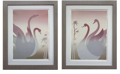 Mac Neil ''Swans & Flowers I & II'' PAIR Signed Framed Art Mid Century Gray NEW