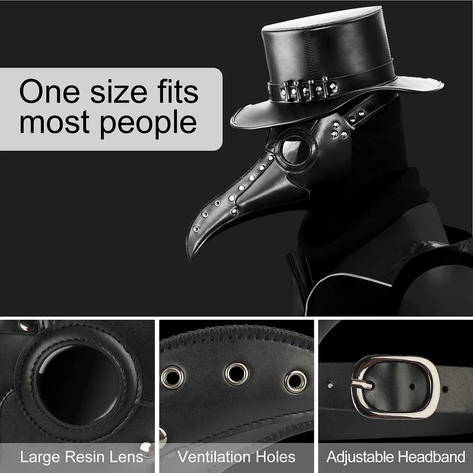 Máscara de cuero negra para médico peste nariz larga pájaro pico plaga steampunk Halloween Foto 4 de 4