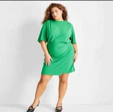 Future Collective Dress Women’s  Green Ruched Short Sleeve Knee Length Size XL