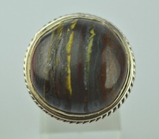 UNISEX MENS OR LADIES STERLING SILVER LARGE ROUND IRON TIGER EYE RING SIZE 7.75
