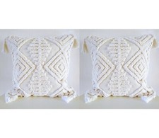 2 X Tufted Boho Sofa Cushion Cover pillow White Cream Cotton Canvas Linen throw 