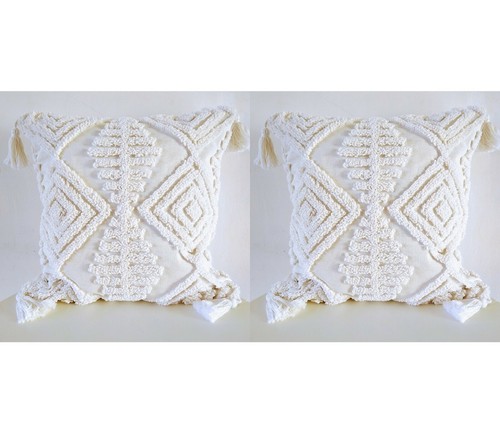 2 X Tufted Boho Sofa Cushion Cover pillow White Cream Cotton Canvas Linen throw  - Picture 1 of 4