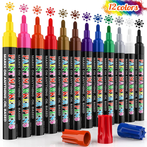 Paint Markers Pens, 12 Colors Oil-Based Waterproof Fancy Paint Markers, Quick Dr