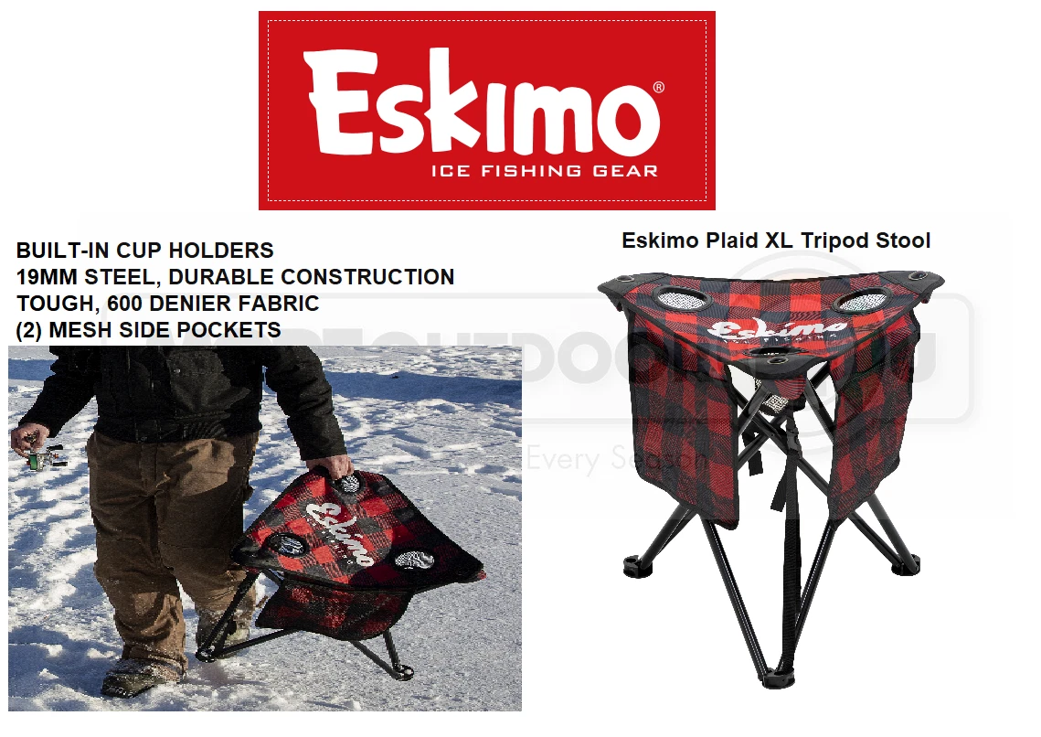 34840 Plaid Eskimo Ice Fishing Gear Folding XL Stool Squat Chair Cup Holder