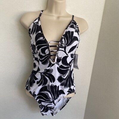 Athena Cutout Floral Plunge Strappy Back Swimsuit Womens 10 Black White