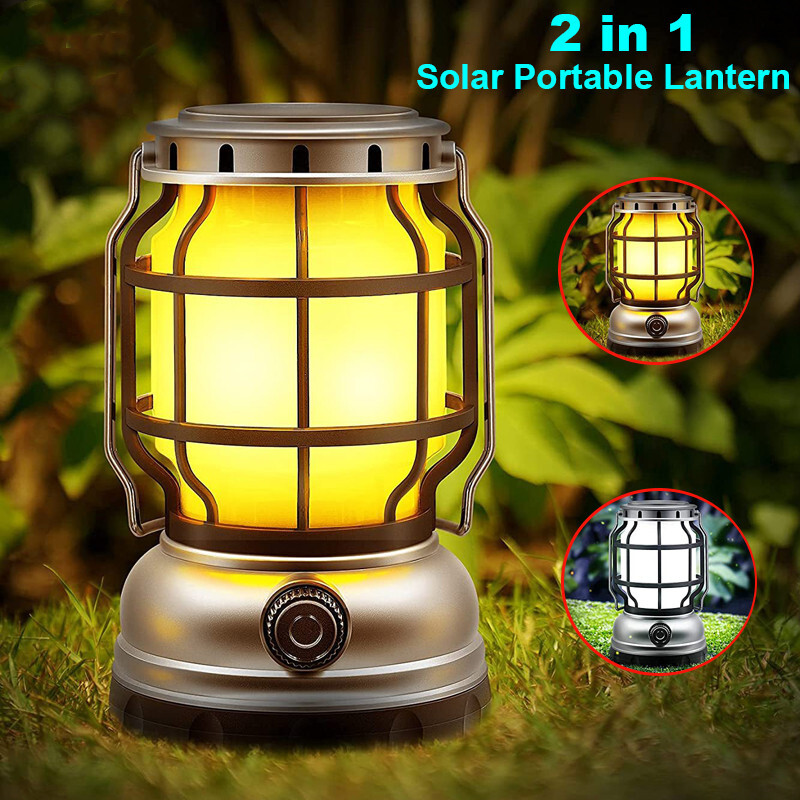 Solar Power LED Outdoor Camping Lantern Rechargeable Tent Light Flame