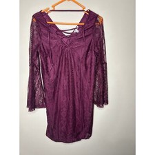 Charlotte Russe burgundy Bohemian Sheer Lace Bell Sleeve V Neck Shift Dress MED