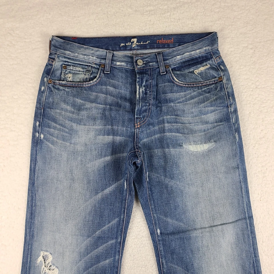 7 For All Mankind Jeans Mens 33x28 Blue Relaxed Fit Button Fly Denim HEMMED - Image 2 of 4