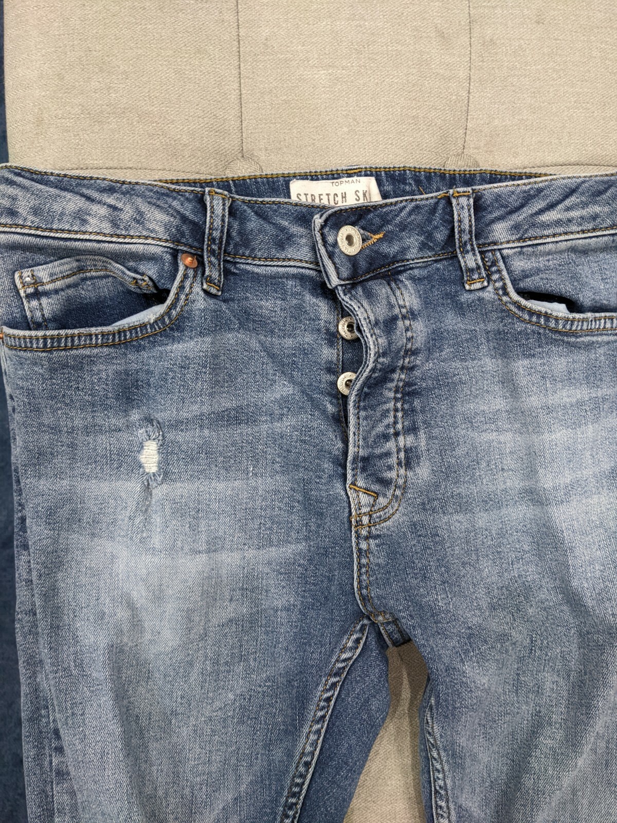 Top Man Stretch Skinny Blue  Distressed Ripped Jeans Button Fly 32 X 32 image 8