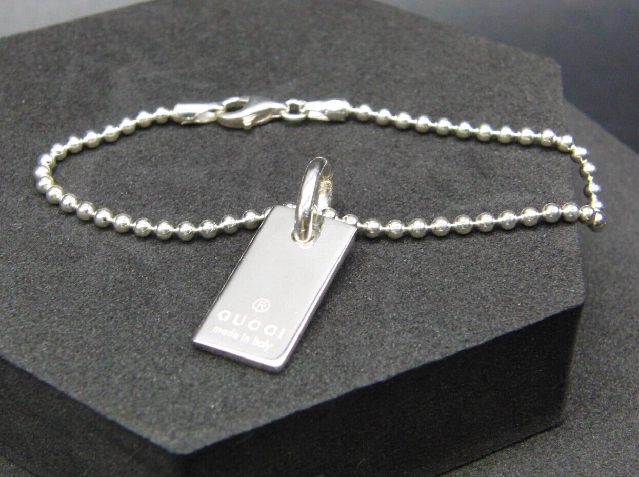 Gucci argent sterling 925 logo bar étiquette pendentif massif bracelet accessoires B07