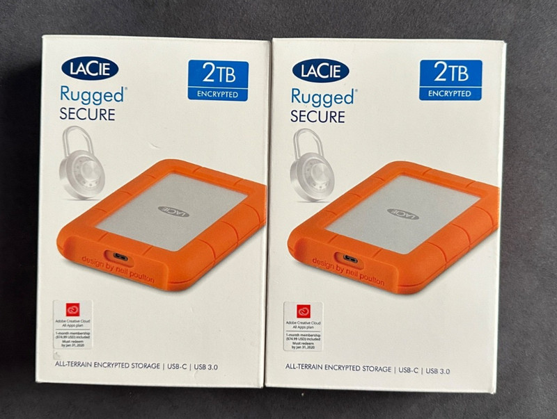 (2) LaCie Rugged Secure 2TB Encrypted External Hard Drives (USB & Thunderbolt 3)