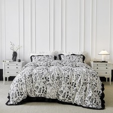 Ruffle Flower Duvet Cover King 100 Cotton 3 Pcs Set 1 Garden Black Botanical...