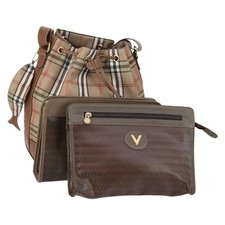 VALENTINO Clutch Bag PVC 3 Set Brown Beige Auth am9678