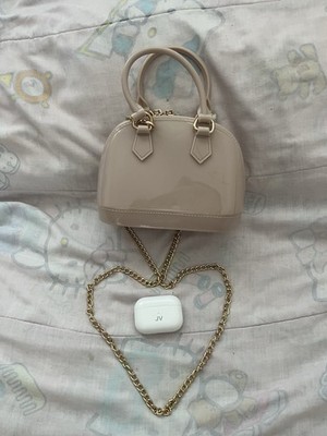  Small Beige Dome Crossbody Bag Top Handle Gold Chain Zip Closure