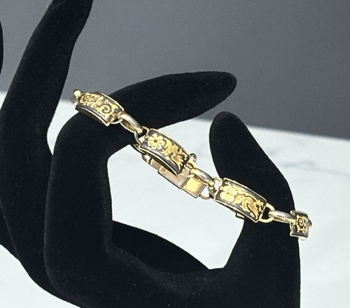 Vintage Toledo Spain Damascene Bracelet Gold Tone Bird Flower Inlay 6.25"