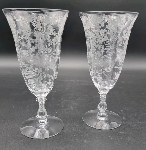 Set 2 Cambridge ROSE POINT (3121) Etched ICED TEA 7-1/2" Goblet EUC VINTAGE READ