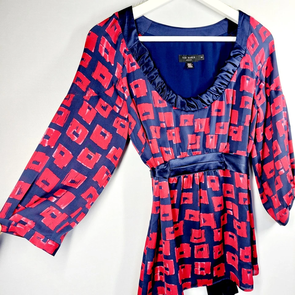 Ted Baker Silk Top Blouse Size 2 UK 10 Navy Red 3/4 Sleeves Belted - Image 2 of 4