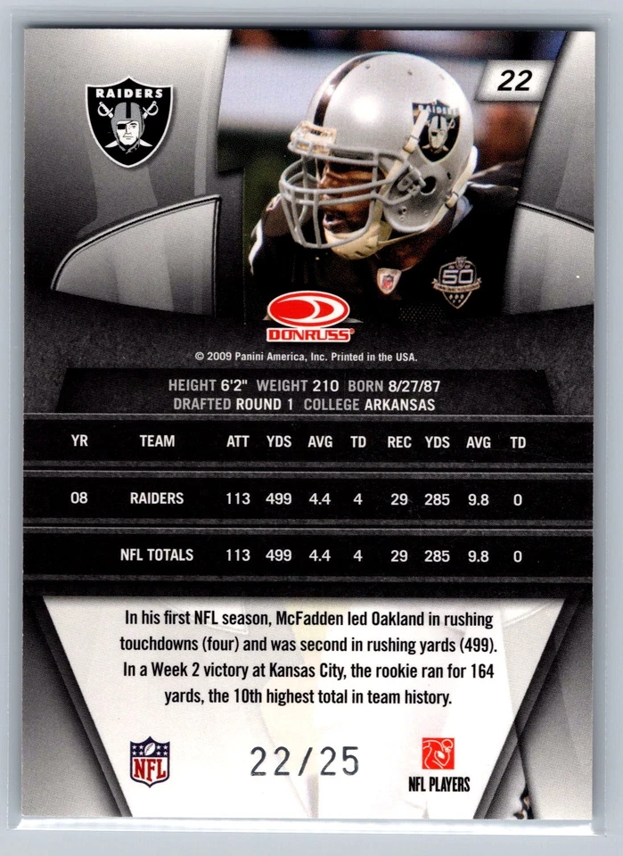 Darren McFadden 2009 Donruss Gridiron Gear Platinum O's /25 #22 - Image 2 of 2