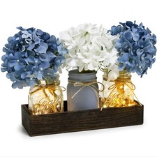 Blue Mason Jar Centerpiece for Table Kitchen Table Decor with Light