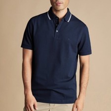 Charles Tyrwhitt Pique Polo Navy Blue Classic Cotton White Detail Large