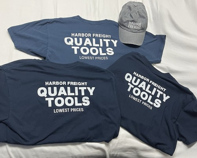 #ad 3 Harbor Freight Tools Short Sleeve Navy Blue T Shirts Men Medium amp; Gray Hat $14.95