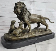 Male Lion and Cubs Bronze Sculpture Statue Figure Wildlife Decor Signed Barye