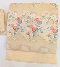 Japanese Obi Kayo Obi Karaori Cream Nishijin Ori Flower Pure Silk Used mil0003