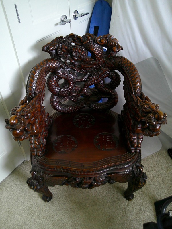 Antique Chinese Dragon-Carved Arm Chair Hardwood Throne Chair c.1900