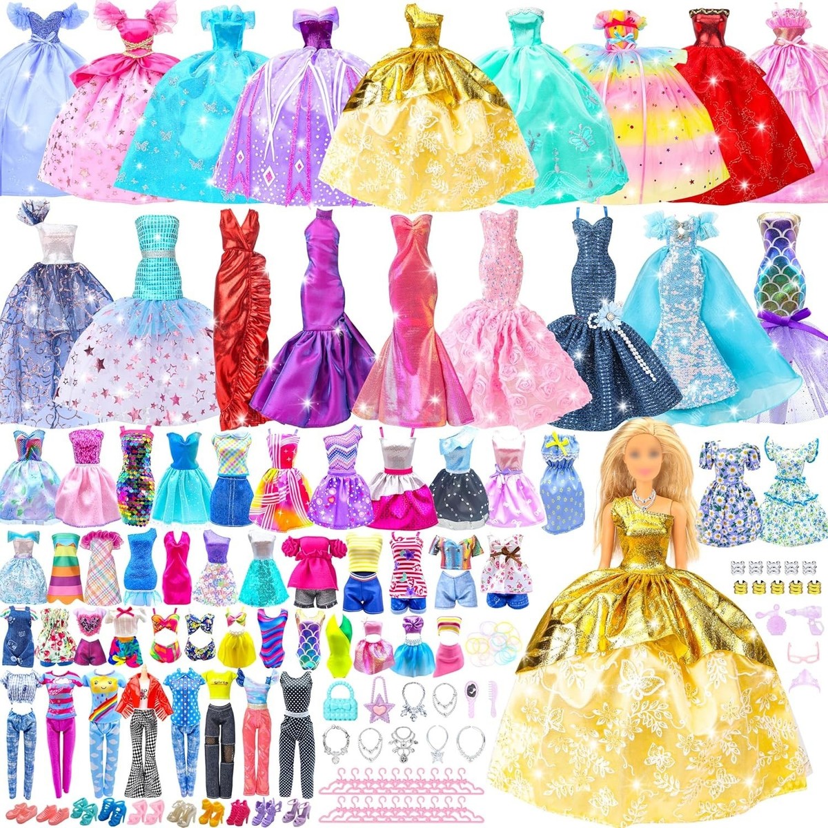 100 PCS Clothes Doll Fashion Wear Clothing Outfits Dress up Gown