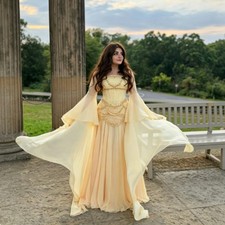 Yellow Chiffon Prom Dresses Beaded Corset Bodice Flare Long Sleeves Evening Gown