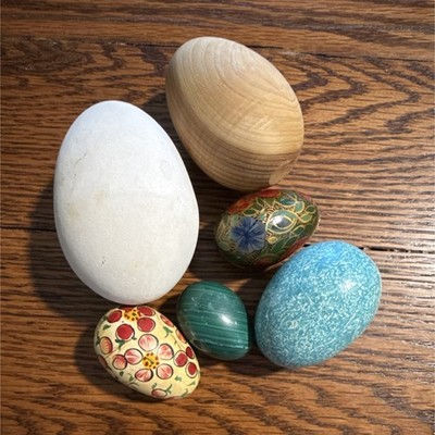 Lot of 6 Multicolor Decorative Eggs - Wood, Stone, Painted, Ceramic, and Marble