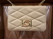 Bebe Quilted Wallet On Chain Crossbody Beige Gold-Tone Hardware Faux Leather