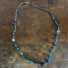 Vintage Blue, Green, Brown Glass Beaded Link Necklace
