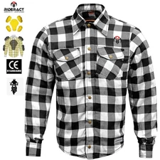 RIDERACT® Men Motorcycle Shirt Black & White Armored Reinforced Flannel Jacket
