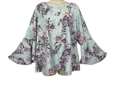 Belle Kim Gravel Top Large Blue Floral Flutter Sleeve Pastel Garden Boho A307916