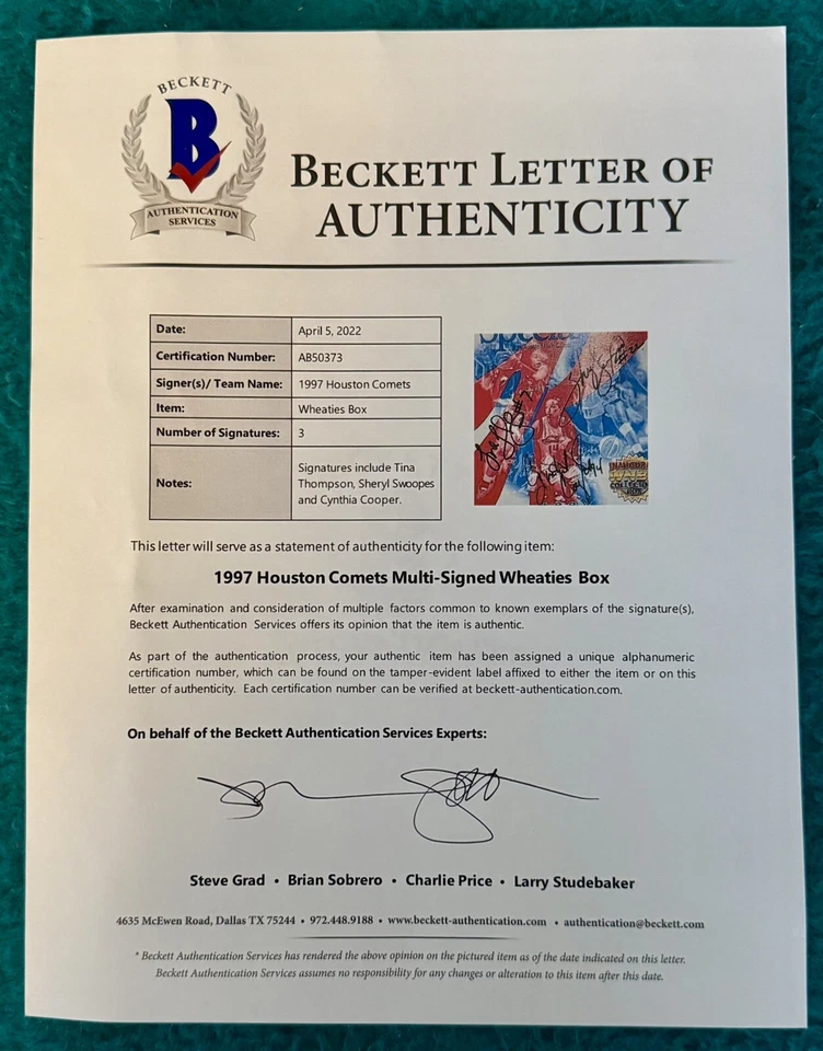 1998 KELLOG’S SPECIAL K WNBA BOX SIGNED BY CYNTHIA COOPER, SWOOPS, THOMPSON BAS - Image 2 of 4