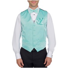 Men's Solid Aqua Satin Tuxedo Vest Bow Tie  Hanky Set for Formals Weddings