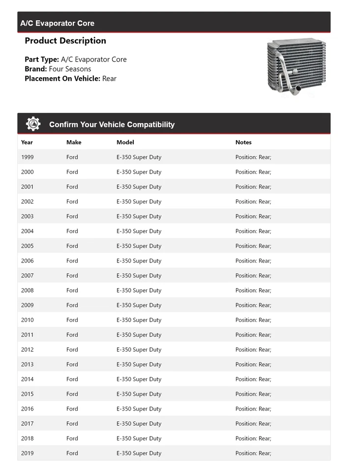 Núcleo evaporador trasero para Ford E-350 Super Duty 1999-2019 4 estaciones 2000 2001 Foto 2 de 4