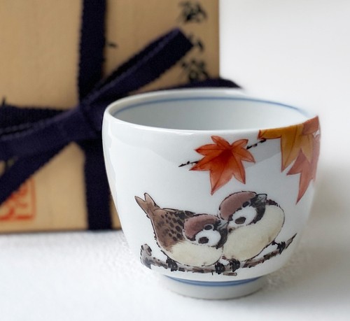 Guinomi Japanese Sake cup Kutani yaki porcelain Sparrow and Maple Suzume Japan - Picture 2 of 12