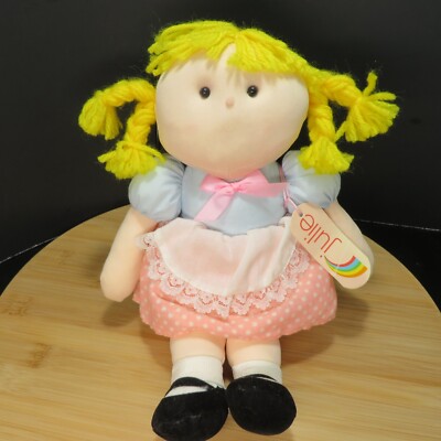 Julie Doll Russ Plush Cloth Yellow Yarn Hair Pink Polka Dot Dress Vintage 10''