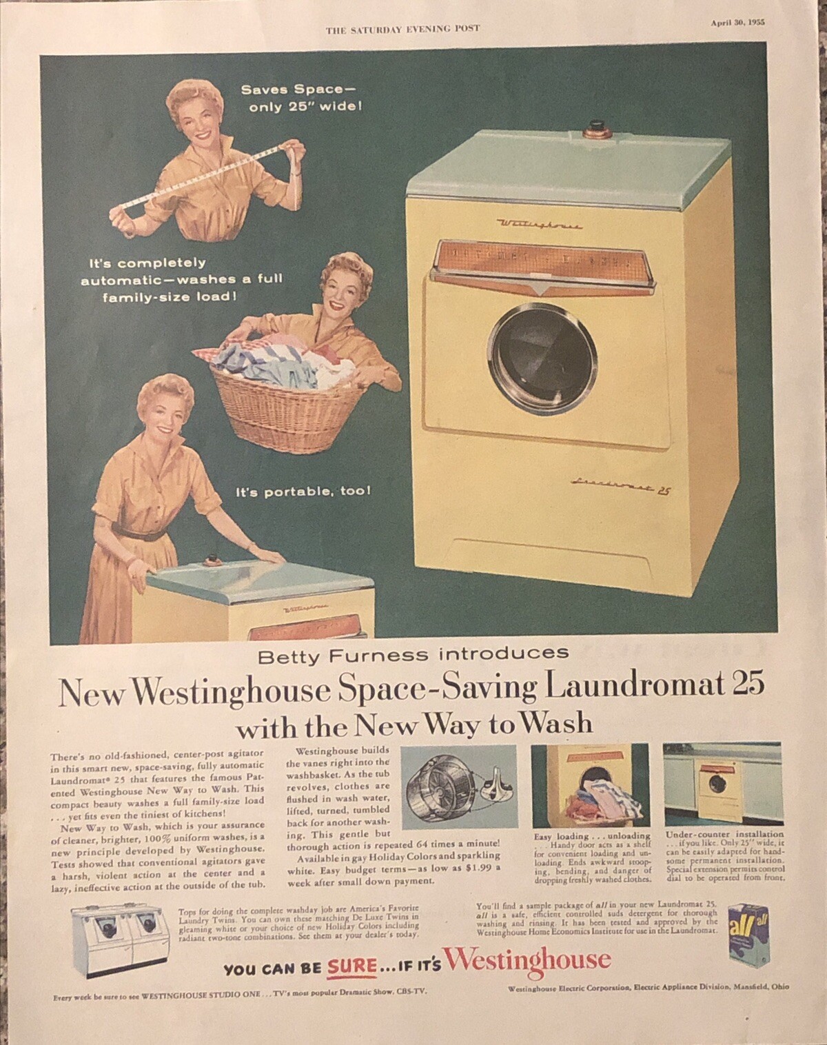 1955 Westinghouse Laundromat 25 Washer Betty Furness Space Save VTG 50s PRINT AD