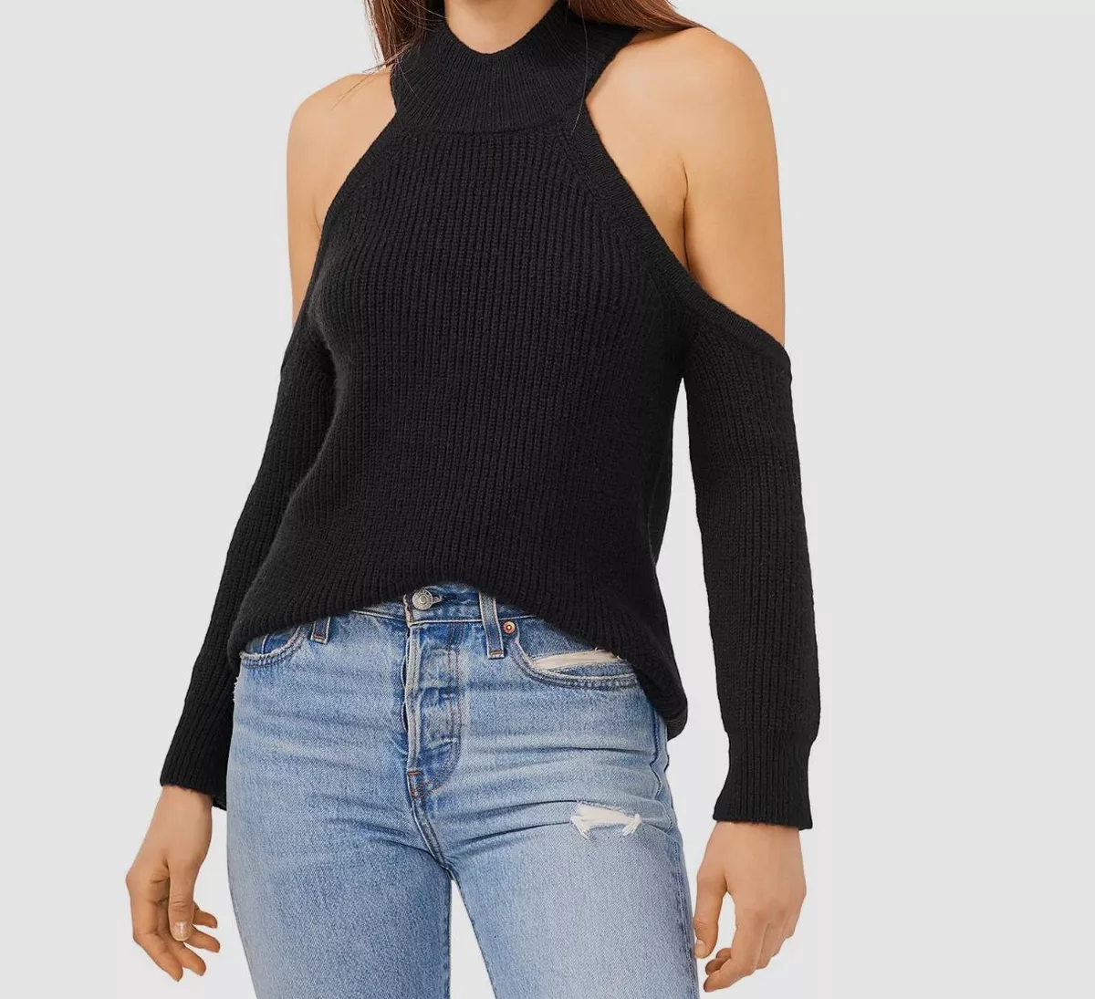 90 1. STATE Women s Black Cold Shoulder Pullover Sweater