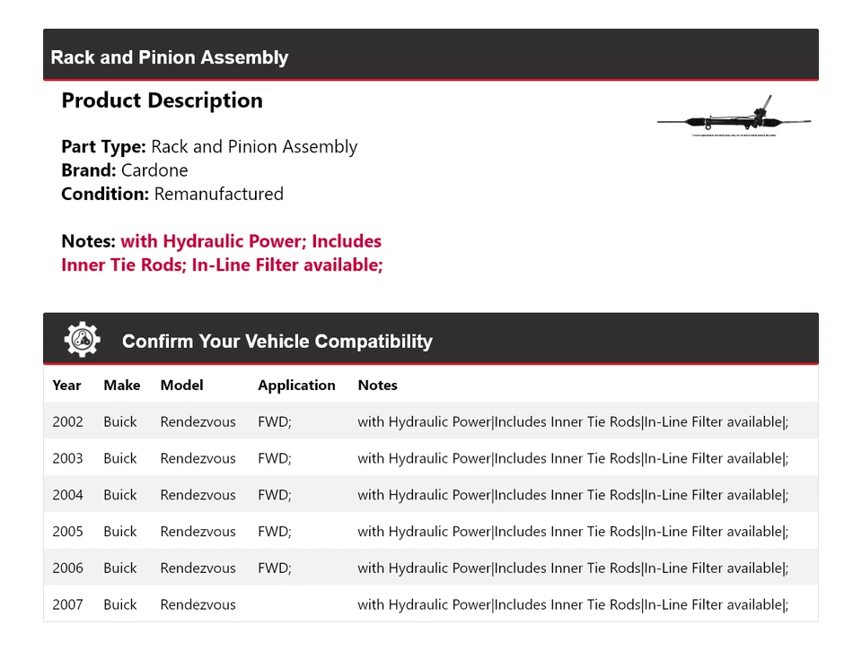 Montaje de piñón y estante Buick Rendezvous 2002-2007 cardone 2003 2004 2005 Foto 2 de 4