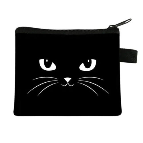 Sac à main noir visage visage de chat / sac à cosmétiques fermeture éclair taille pratique poche / sac - Photo 1/1