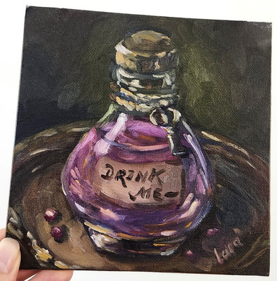 Alice Drink Me Potion Bottle Original Oil Painting 6x6 Signed Lara Emelia OOAK
