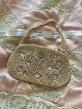 1950s Cream Beaded Faux Pearl Floral Evening Handbag