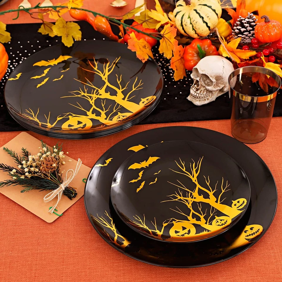 180pcs Halloween Black Plastic Dinnerware,Black and Gold Plates, Disposable P... - Image 4 of 4